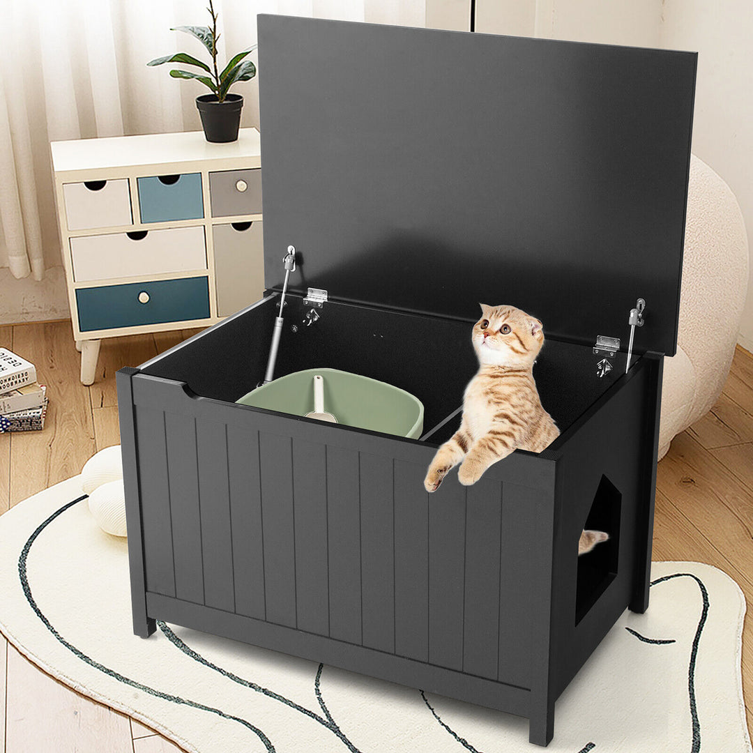 Wooden Cat Litter Box Enclosure W/ Top Opening Side Table Furniture Black Image 2