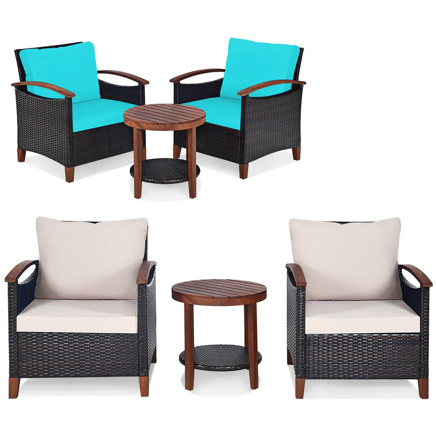 3PCS Patio Wicker Sofa Set Acacia Wood Frame w/ Cushion Covers Beige and Turquoise Image 1