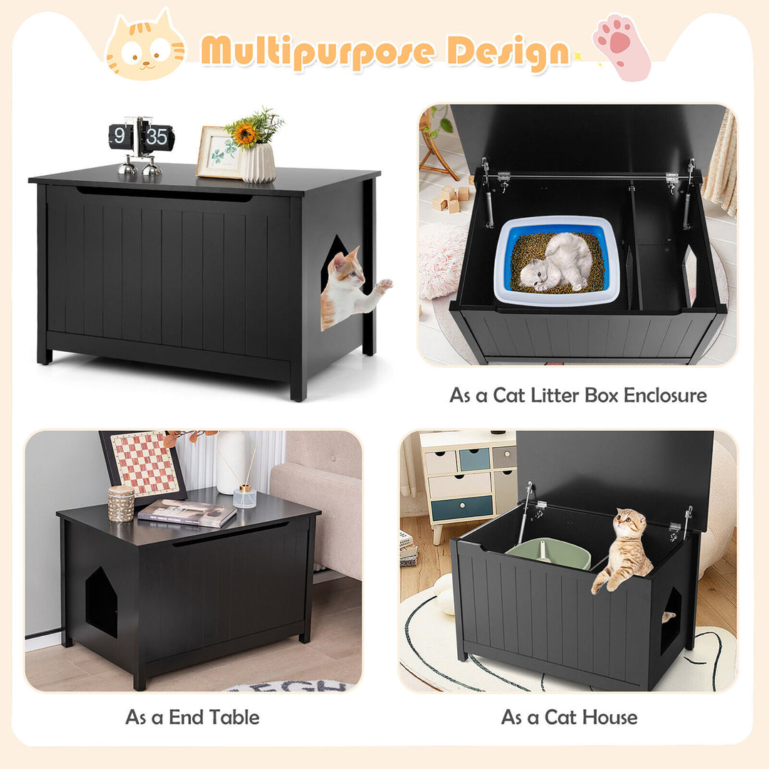 Wooden Cat Litter Box Enclosure W/ Top Opening Side Table Furniture Black Image 5