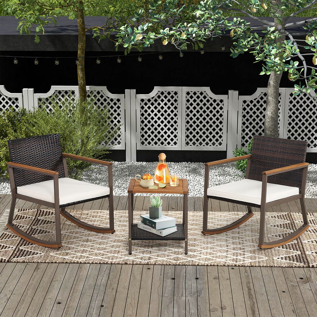 3PCS Patio Rattan Rocking Chair Bistro Set Armrest Cushion Table w/ Storage Shelf Image 3