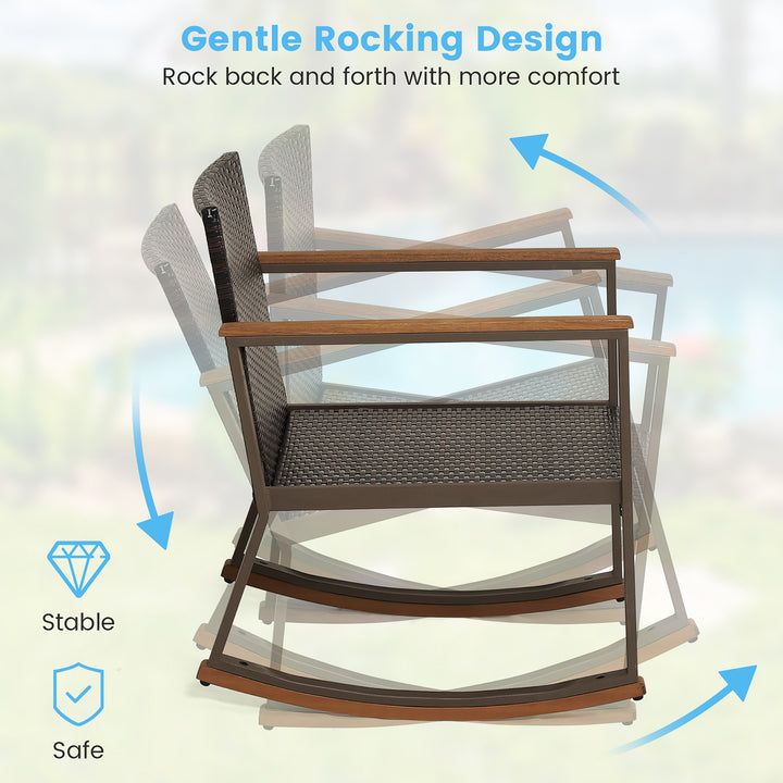 3PCS Patio Rattan Rocking Chair Bistro Set Armrest Cushion Table w/ Storage Shelf Image 4