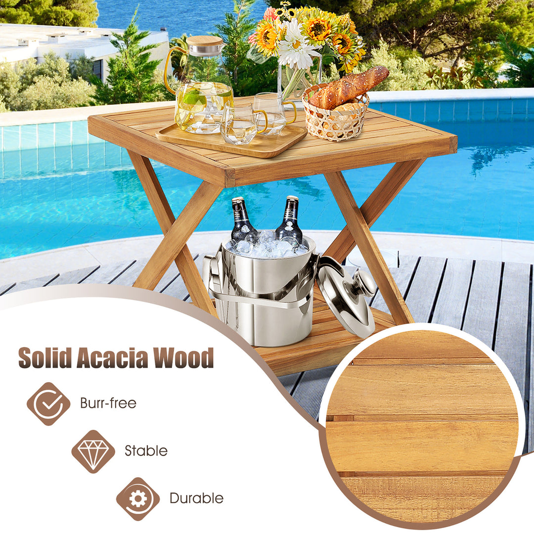 3PCS PE Wicker Patio Bistro Set Outdoor Acacia Wood Set w/ 2-Tier Coffee Table Image 6