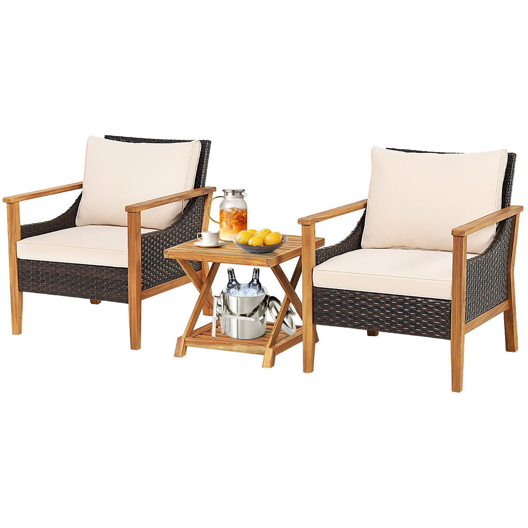 3PCS PE Wicker Patio Bistro Set Outdoor Acacia Wood Set w/ 2-Tier Coffee Table Image 7