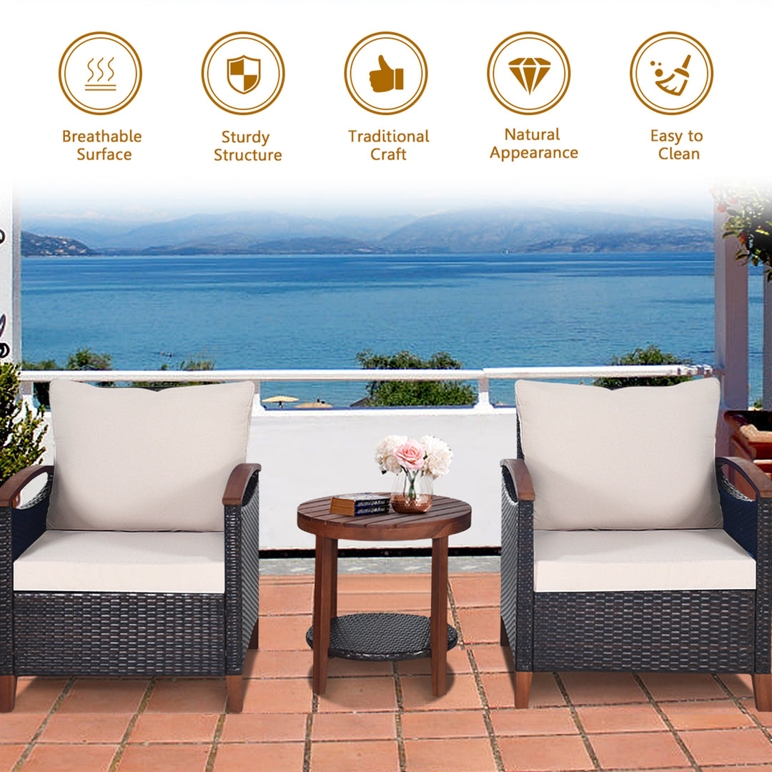 3PCS Patio Wicker Sofa Set Acacia Wood Frame w/ Cushion Covers Beige and Turquoise Image 4