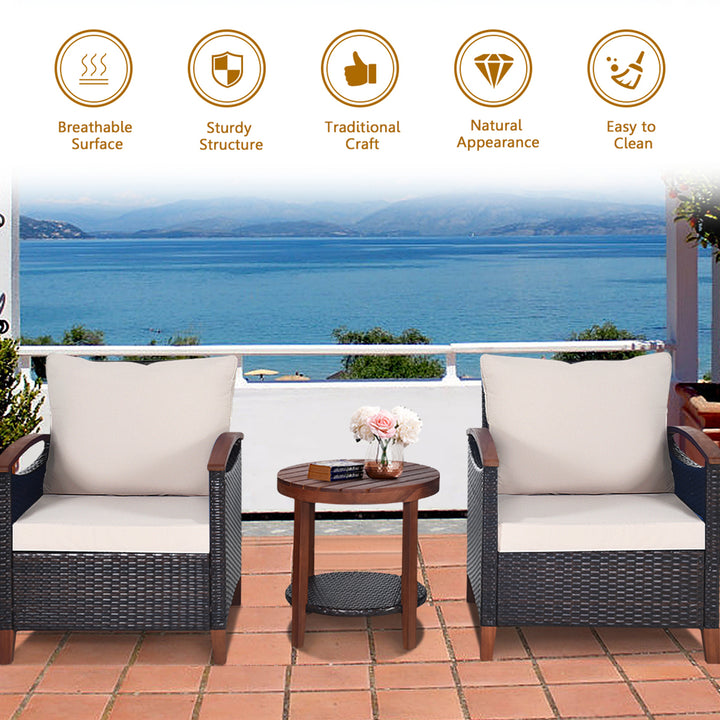 3PCS Patio Wicker Sofa Set Acacia Wood Frame w/ Cushion Covers Beige and Turquoise Image 4