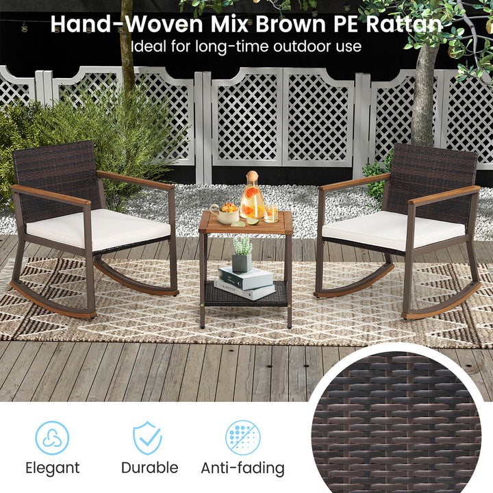 3PCS Patio Rattan Rocking Chair Bistro Set Armrest Cushion Table w/ Storage Shelf Image 7