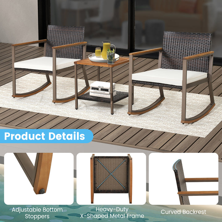 3PCS Patio Rattan Rocking Chair Bistro Set Armrest Cushion Table w/ Storage Shelf Image 8