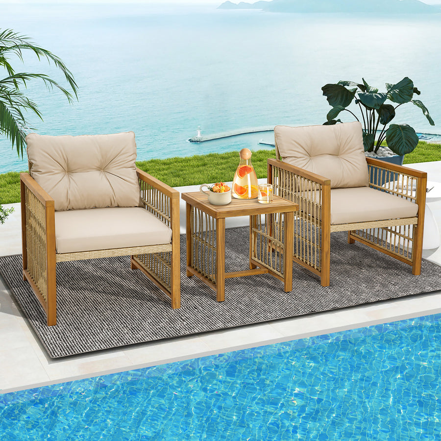 3PCS Patio Acacia Wood PE Wicker Furniture Set w/ Soft Seat and Back Cushions Image 1