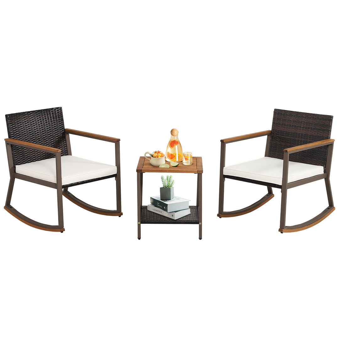 3PCS Patio Rattan Rocking Chair Bistro Set Armrest Cushion Table w/ Storage Shelf Image 9