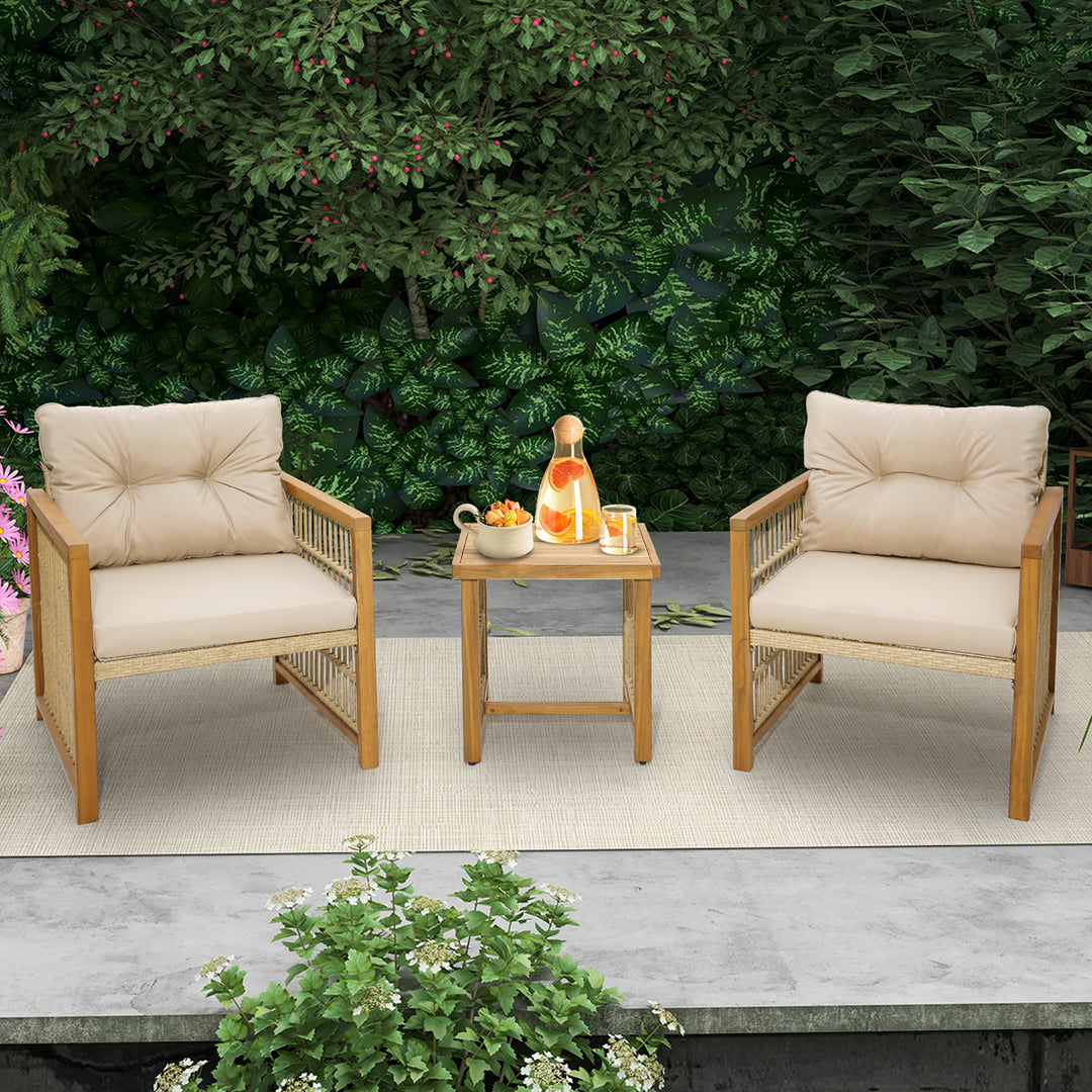 3PCS Patio Acacia Wood PE Wicker Furniture Set w/ Soft Seat and Back Cushions Image 3