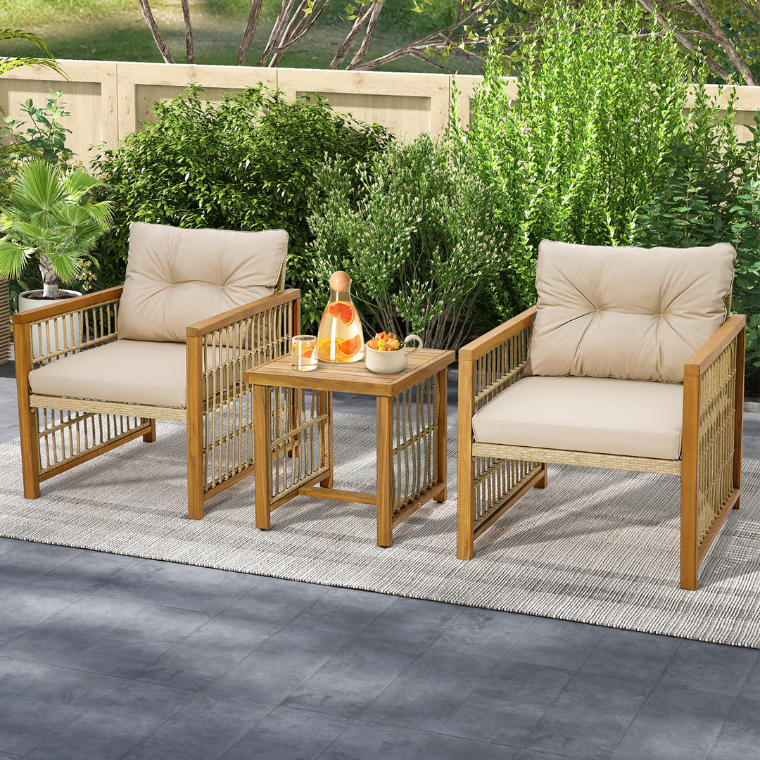 3PCS Patio Acacia Wood PE Wicker Furniture Set w/ Soft Seat and Back Cushions Image 4