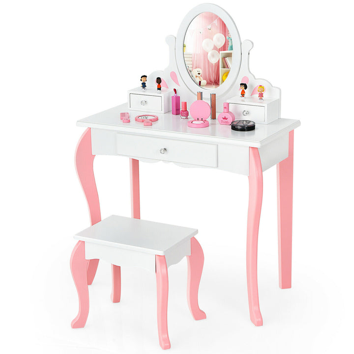 Kids Vanity Princess Makeup Dressing Table Stool Set W/ Mirror Drawer Image 5