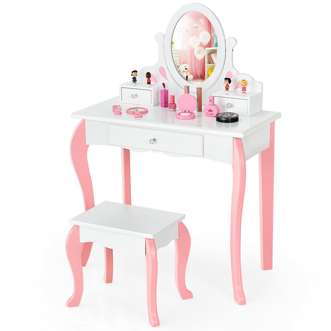 Kids Vanity Princess Makeup Dressing Table Stool Set W/ Mirror Drawer Image 1