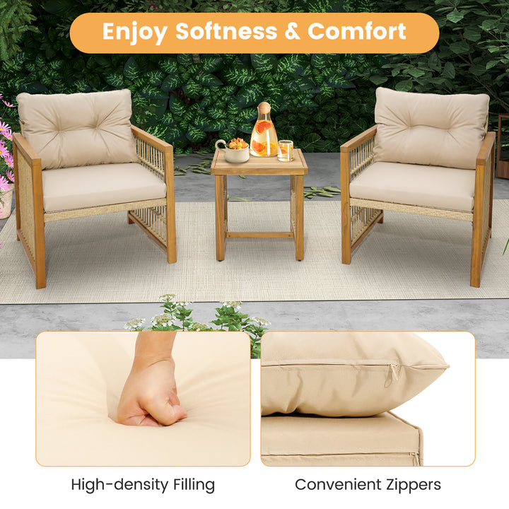 3PCS Patio Acacia Wood PE Wicker Furniture Set w/ Soft Seat and Back Cushions Image 7