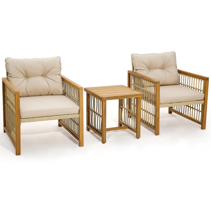 3PCS Patio Acacia Wood PE Wicker Furniture Set w/ Soft Seat and Back Cushions Image 9