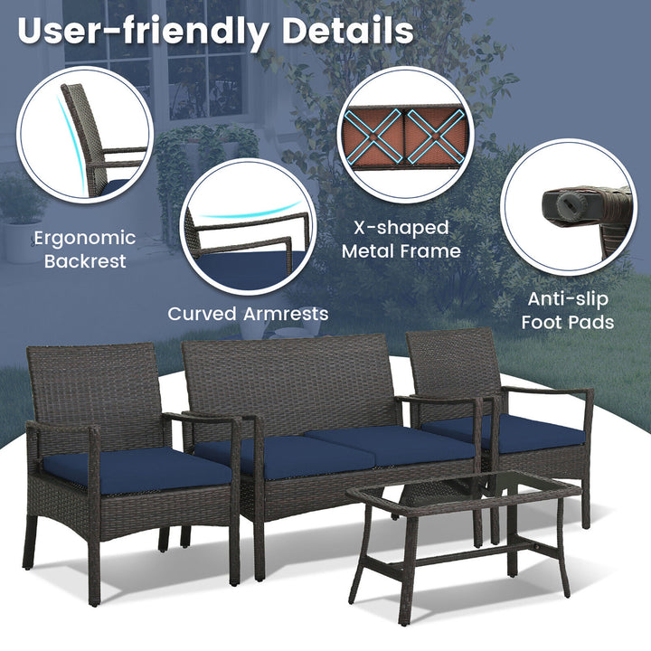 4 Pieces Outdoor Patio PE Wicker Sofa w/ Tempered Glass Coffee Table for Porch and Backyard Image 7