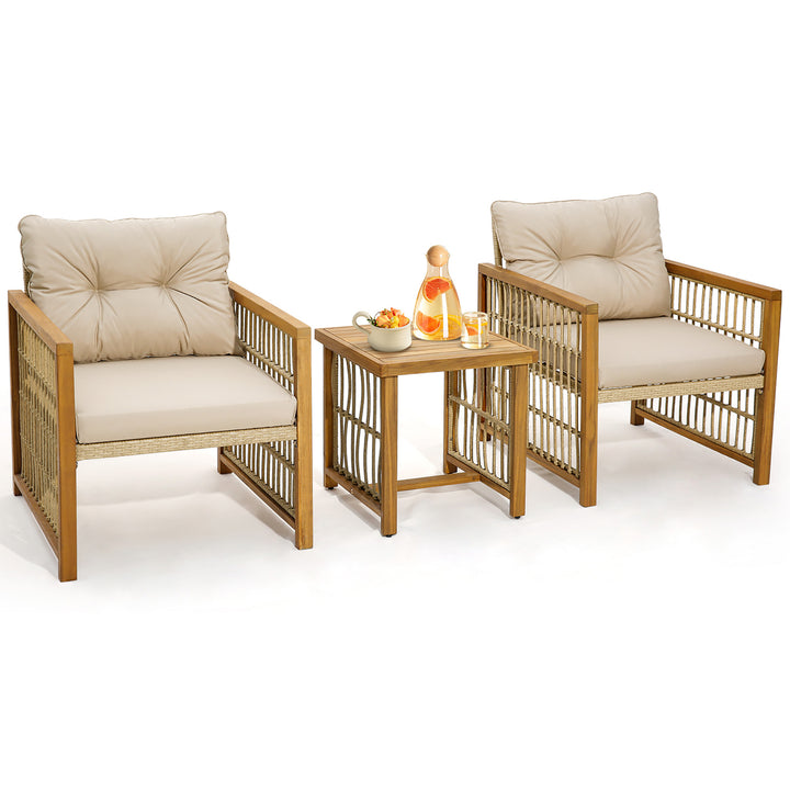 3PCS Patio Acacia Wood PE Wicker Furniture Set w/ Soft Seat and Back Cushions Image 10