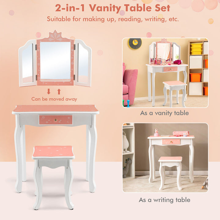 Kid Vanity Set Wooden Makeup Table Stool Tri-Folding Mirror Snowflake Print Image 2