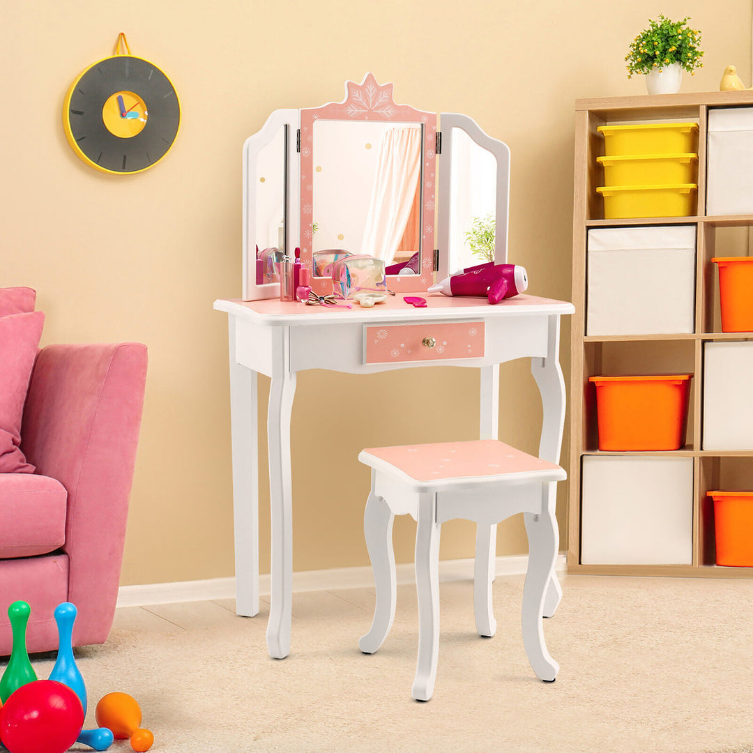 Kid Vanity Set Wooden Makeup Table Stool Tri-Folding Mirror Snowflake Print Image 3