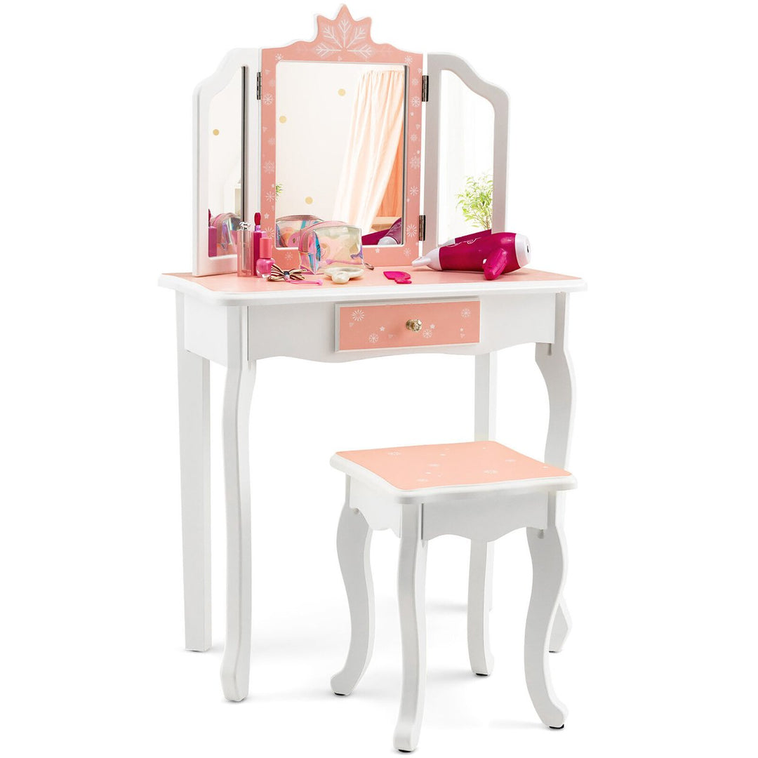 Kid Vanity Set Wooden Makeup Table Stool Tri-Folding Mirror Snowflake Print Image 4