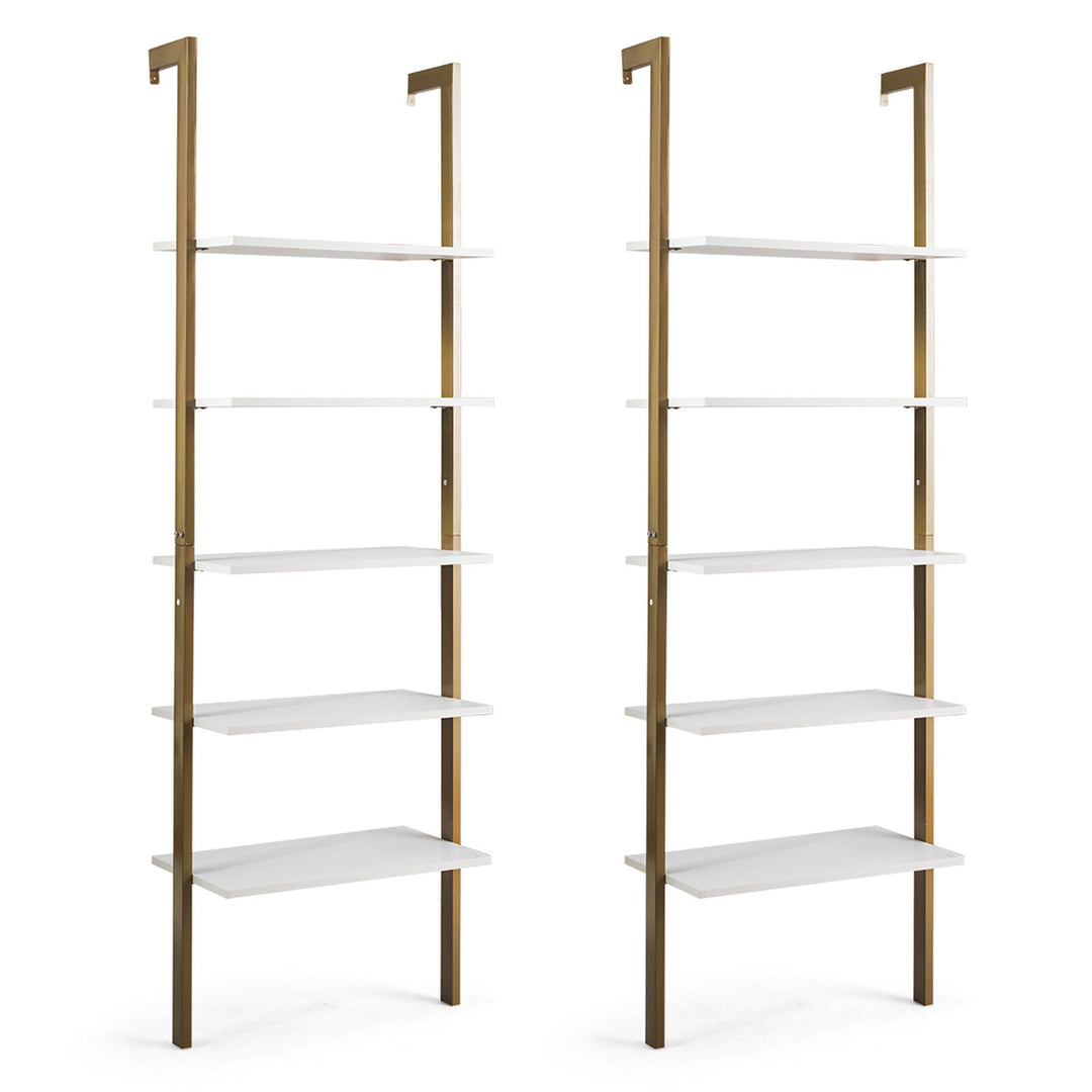 2PCS 5-Tier Ladder Shelf Wood Wall Mounted Display Bookshelf Metal Frame Image 1