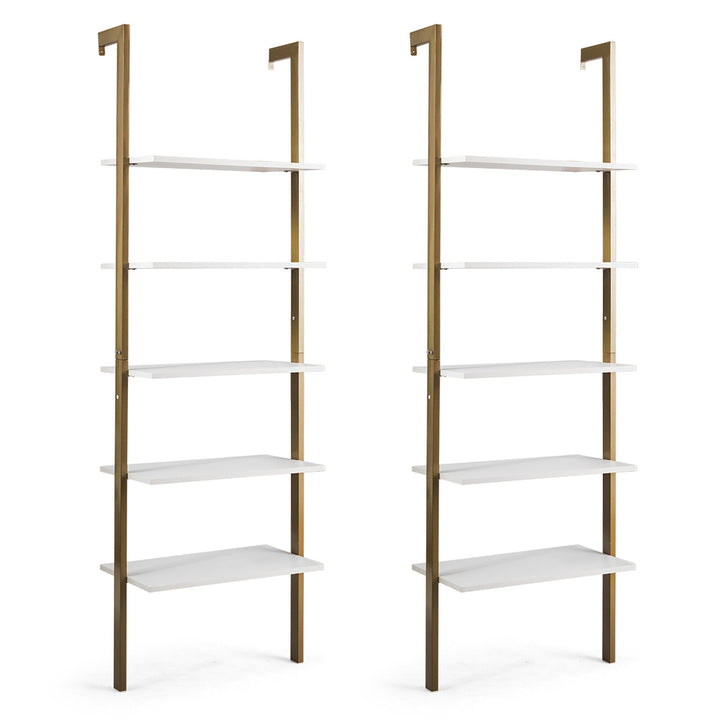 2PCS 5-Tier Ladder Shelf Wood Wall Mounted Display Bookshelf Metal Frame Image 1