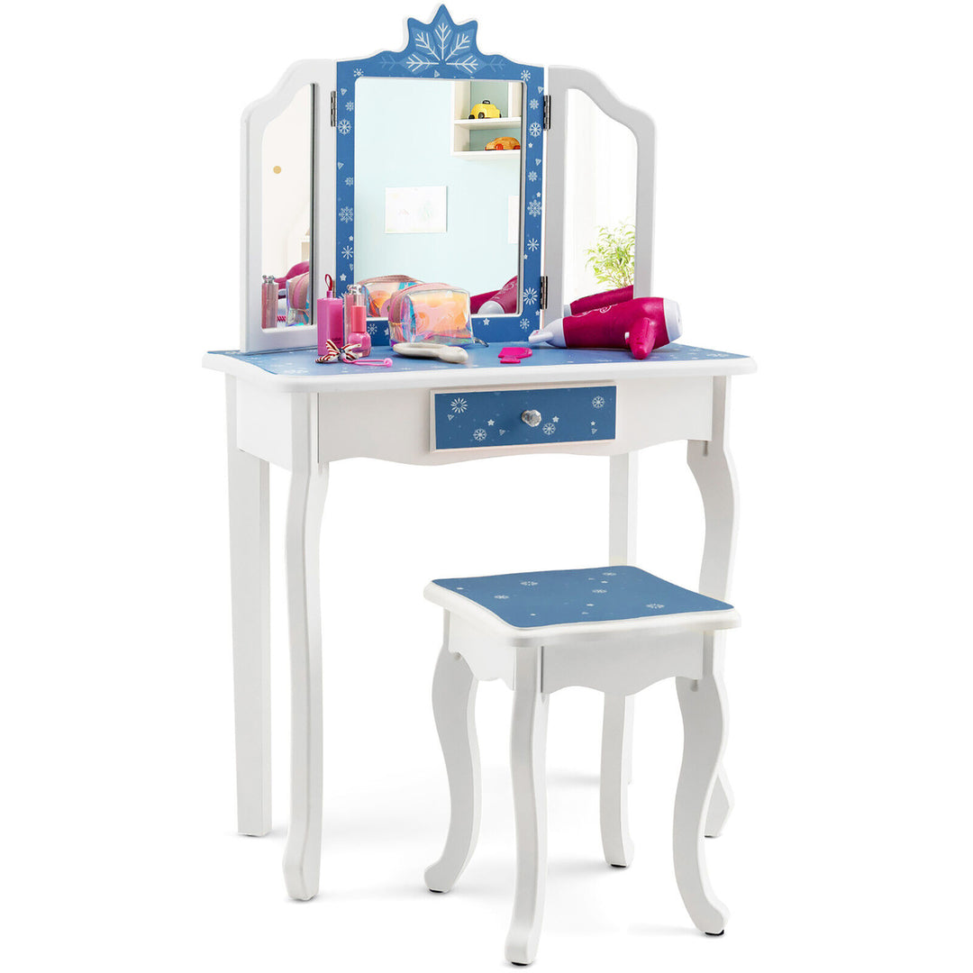 Kid Vanity Set Wooden Makeup Table Stool Tri-Folding Mirror Snowflake Print Image 5