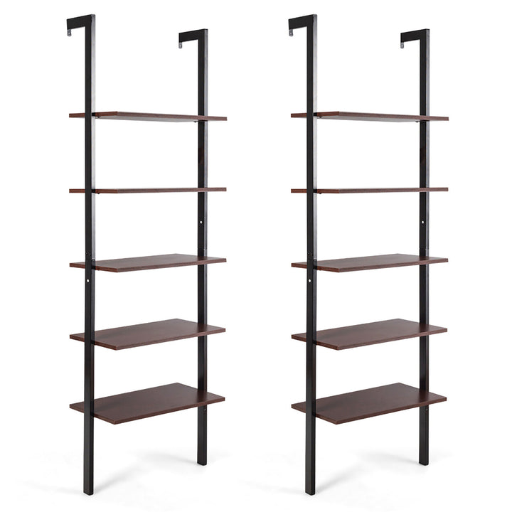 2PCS 5-Tier Ladder Shelf Wood Wall Mounted Display Bookshelf Metal Frame Image 4