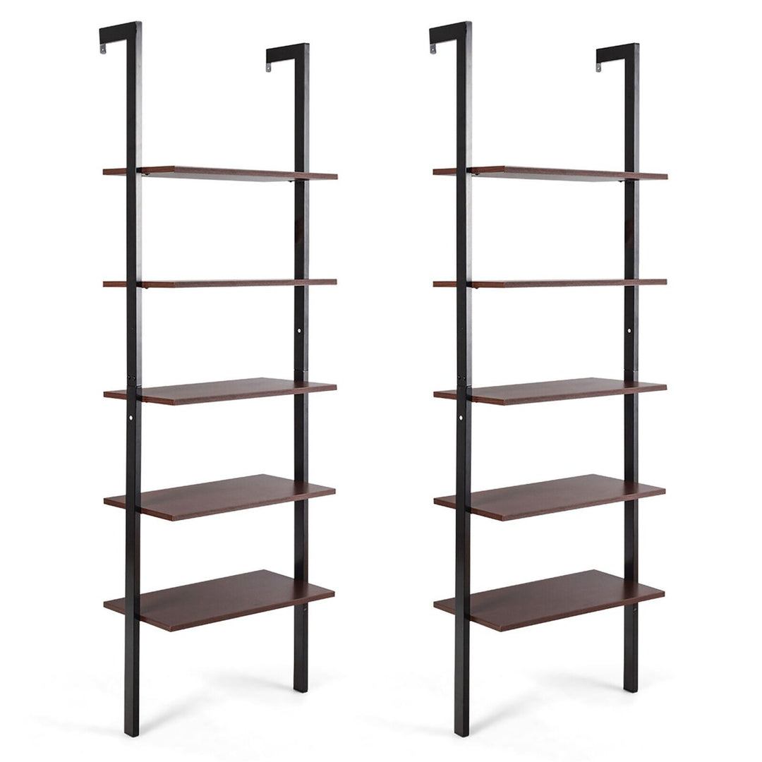 2PCS 5-Tier Ladder Shelf Wood Wall Mounted Display Bookshelf Metal Frame Image 1