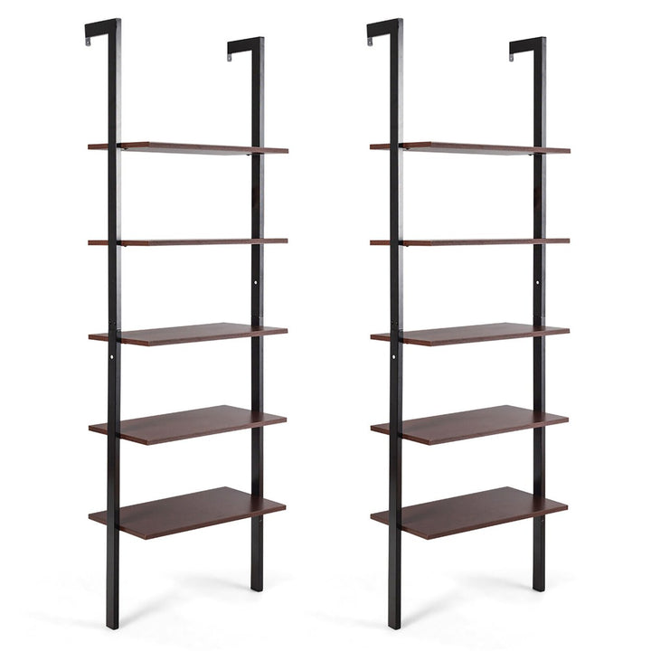 2PCS 5-Tier Ladder Shelf Wood Wall Mounted Display Bookshelf Metal Frame Image 1