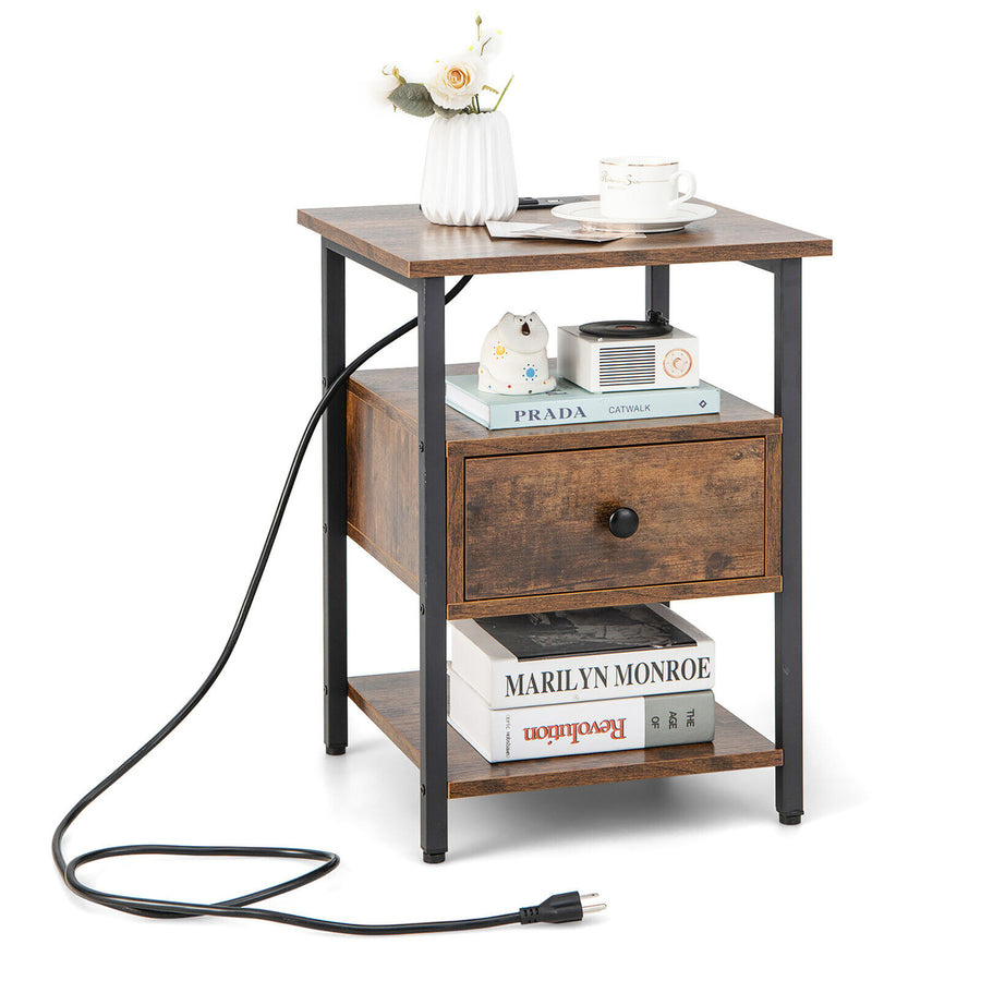 Nightstand Bedside Sofa End Table w/ Charging Station Open Shelves and Drawer Image 1