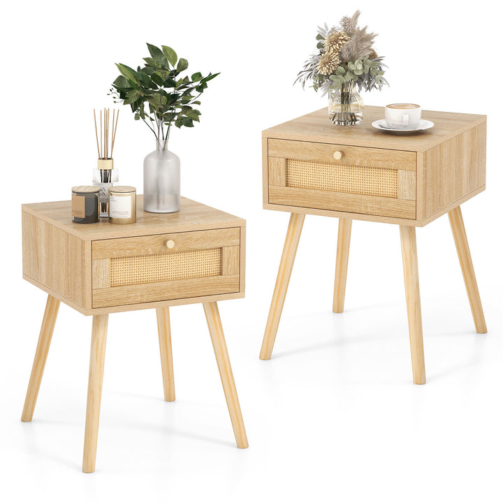 2 PCS Nightstand Bedside Sofa Table with Rattan Drawer for Bedroom and Living Room Image 1