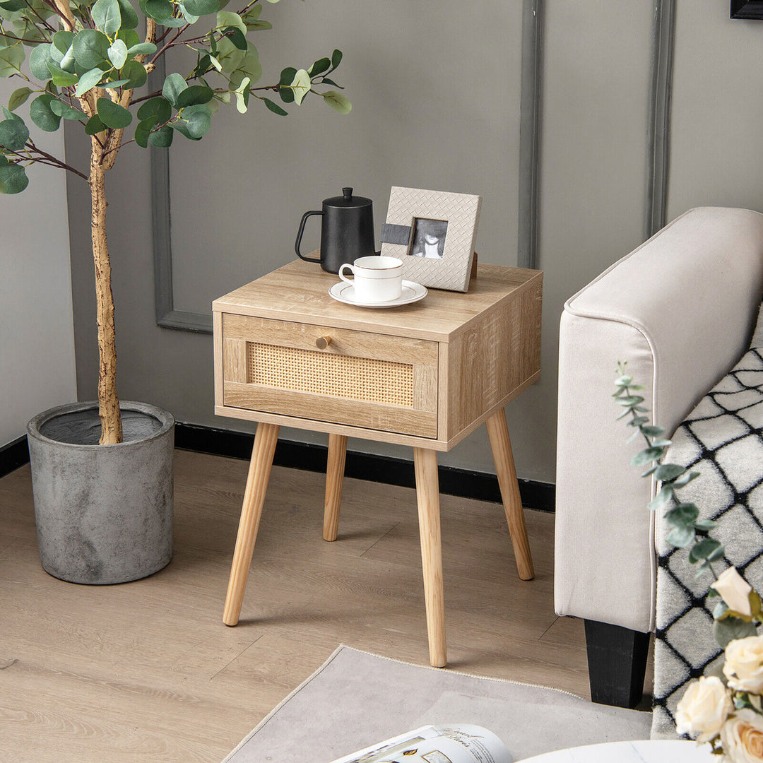 2 PCS Nightstand Bedside Sofa Table with Rattan Drawer for Bedroom and Living Room Image 4