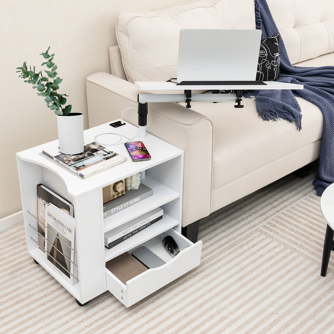 Nightstand Bedside Table Swivel Laptop Tray with Charging Station and LED Lights Image 4