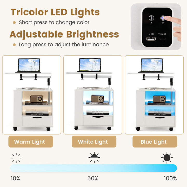 Nightstand Bedside Table Swivel Laptop Tray with Charging Station and LED Lights Image 8