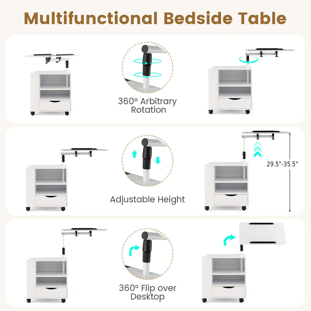 Nightstand Bedside Table Swivel Laptop Tray with Charging Station and LED Lights Image 9