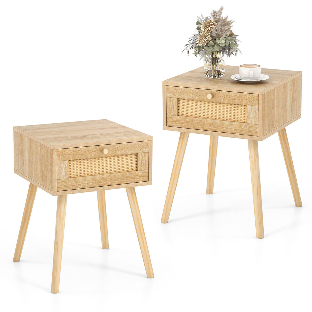 2 PCS Nightstand Bedside Sofa Table with Rattan Drawer for Bedroom and Living Room Image 10