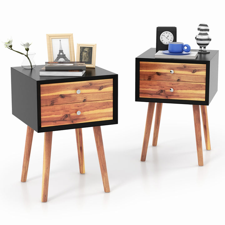 2PCS Wooden Nightstand Mid-Century End Side Table Living Room W/2 Storage Drawer Image 1