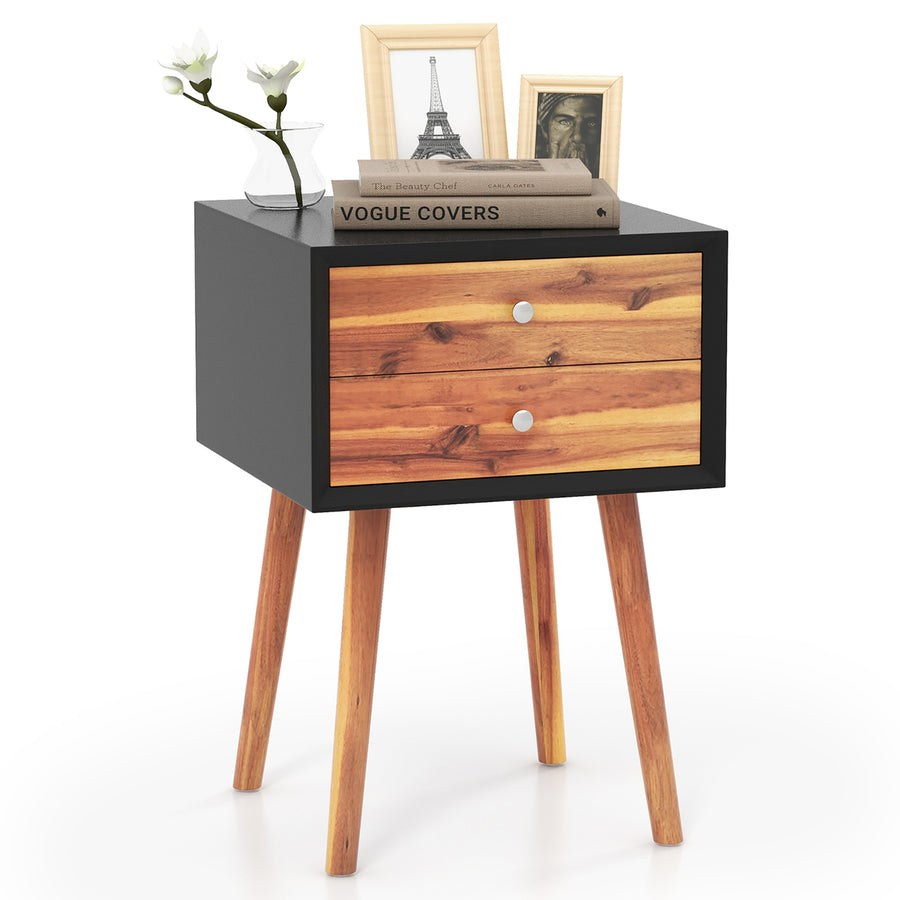 Wooden Nightstand Mid-Century End Side Table Living Room W/2 Storage Drawers Image 1