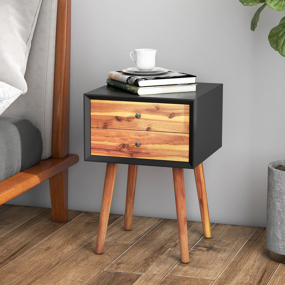 2PCS Wooden Nightstand Mid-Century End Side Table Living Room W/2 Storage Drawer Image 2