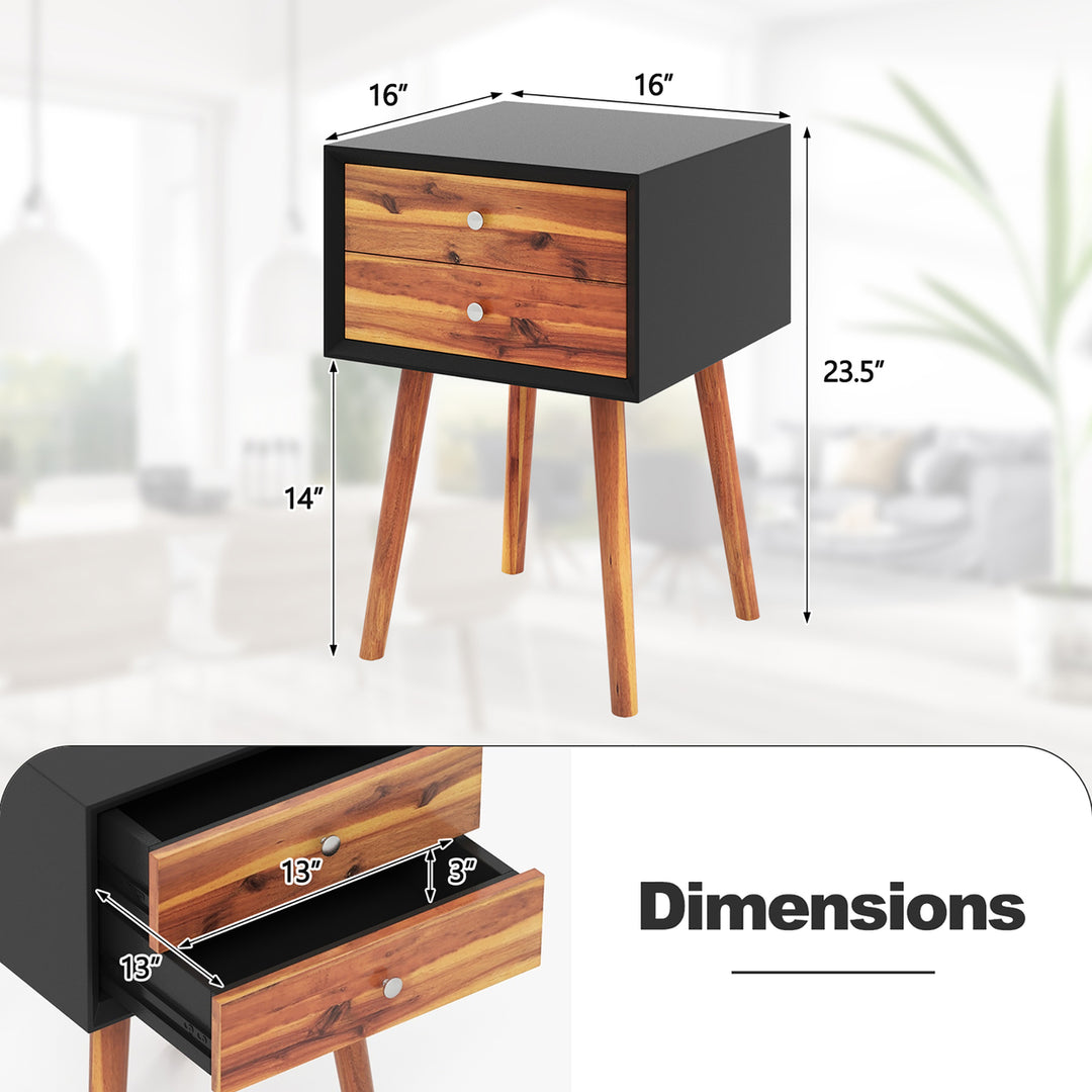 2PCS Wooden Nightstand Mid-Century End Side Table Living Room W/2 Storage Drawer Image 3