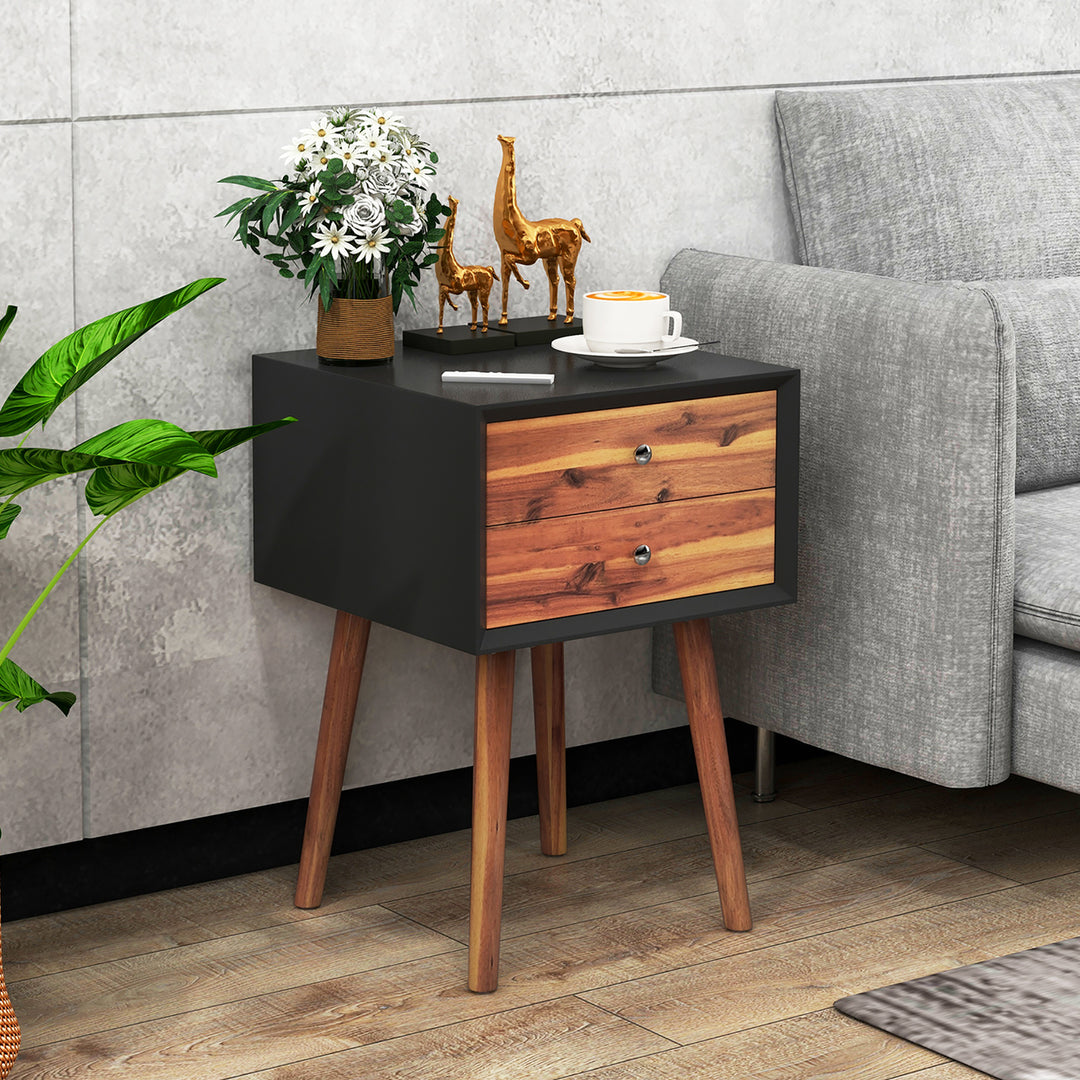 2PCS Wooden Nightstand Mid-Century End Side Table Living Room W/2 Storage Drawer Image 4