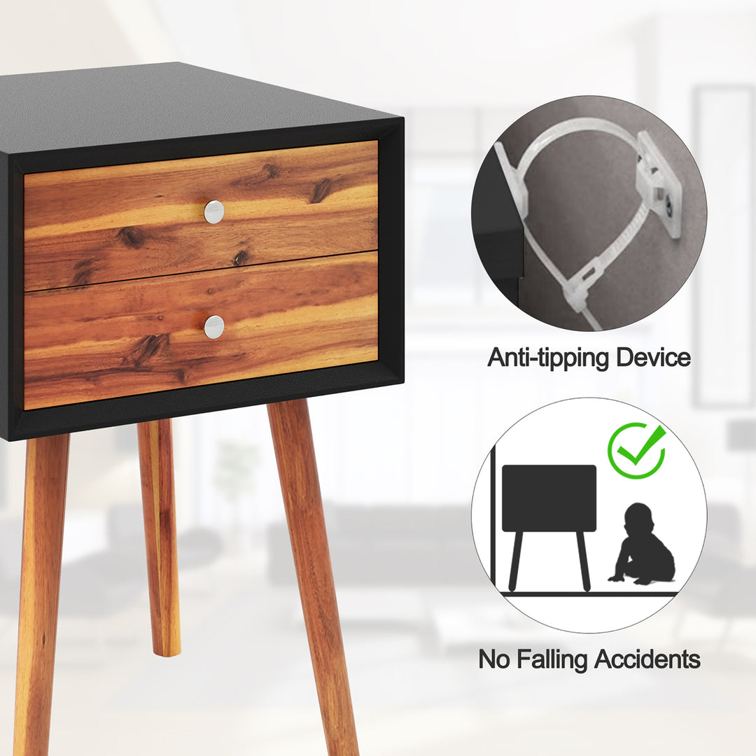 2PCS Wooden Nightstand Mid-Century End Side Table Living Room W/2 Storage Drawer Image 8