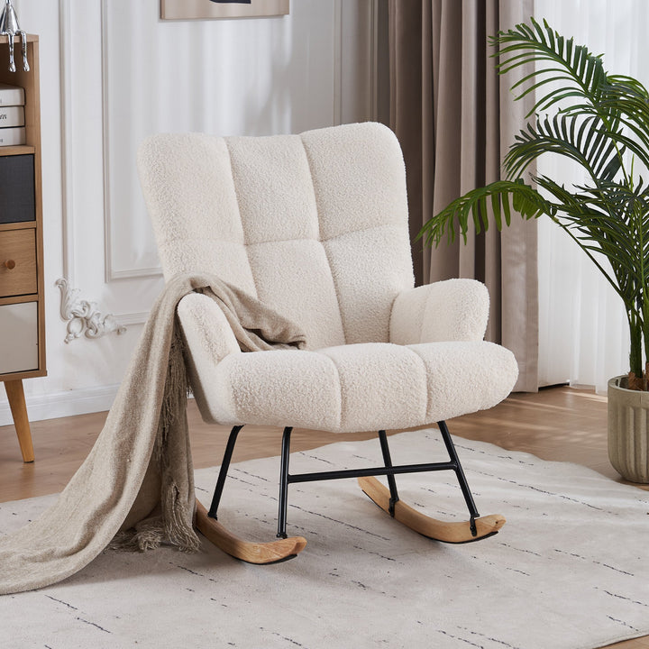 Teddy Velvet Rocking Accent Chair, Uplostered Glider Rocker Armchair for Nursery, Comfy Wingback Armchair Image 4