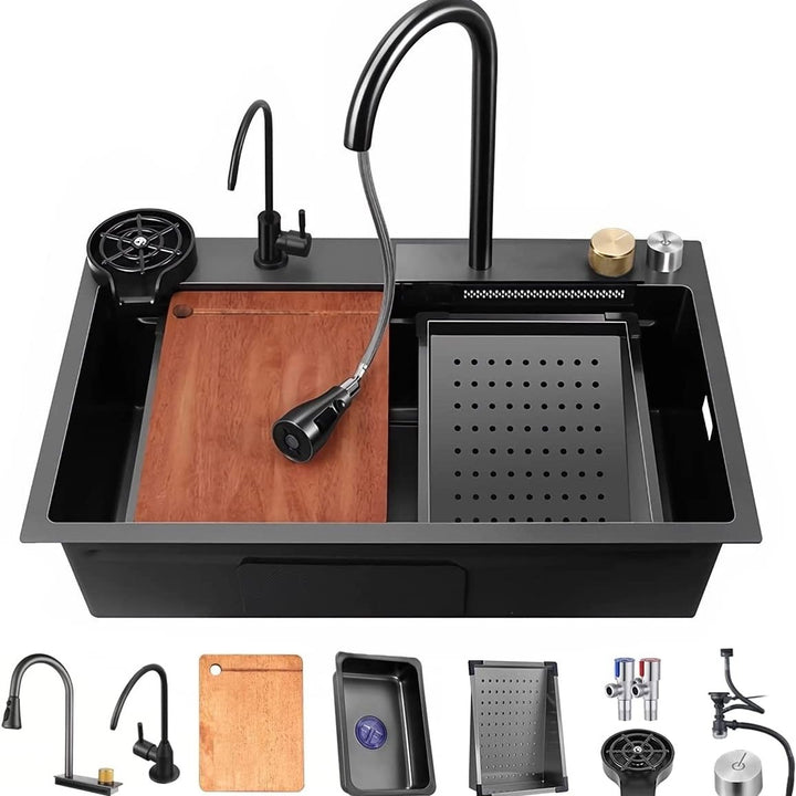 Flying Rain Stainless Steel Sink 29.5 Inch Black Nano Workstation w Faucet Set Image 1