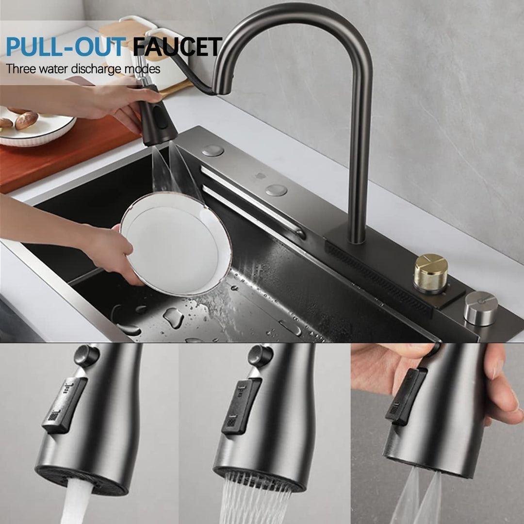 Flying Rain Stainless Steel Watefall Kitchen Sink  Single Bowl w Pull Down Faucet Set Nano Black 29.5 INCH Image 7