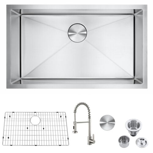 Handmade 30 Inch 304 Stainless Steel Undermount Kitchen Sink with Faucet Image 1