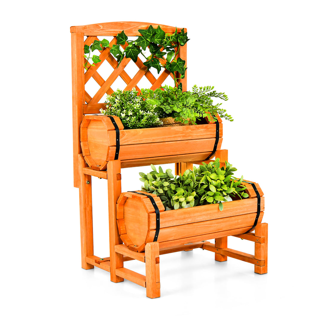 2-Tier Wooden Raised Garden Bed Container w/2 Cylindrical Planter Boxes and Trellis Image 1