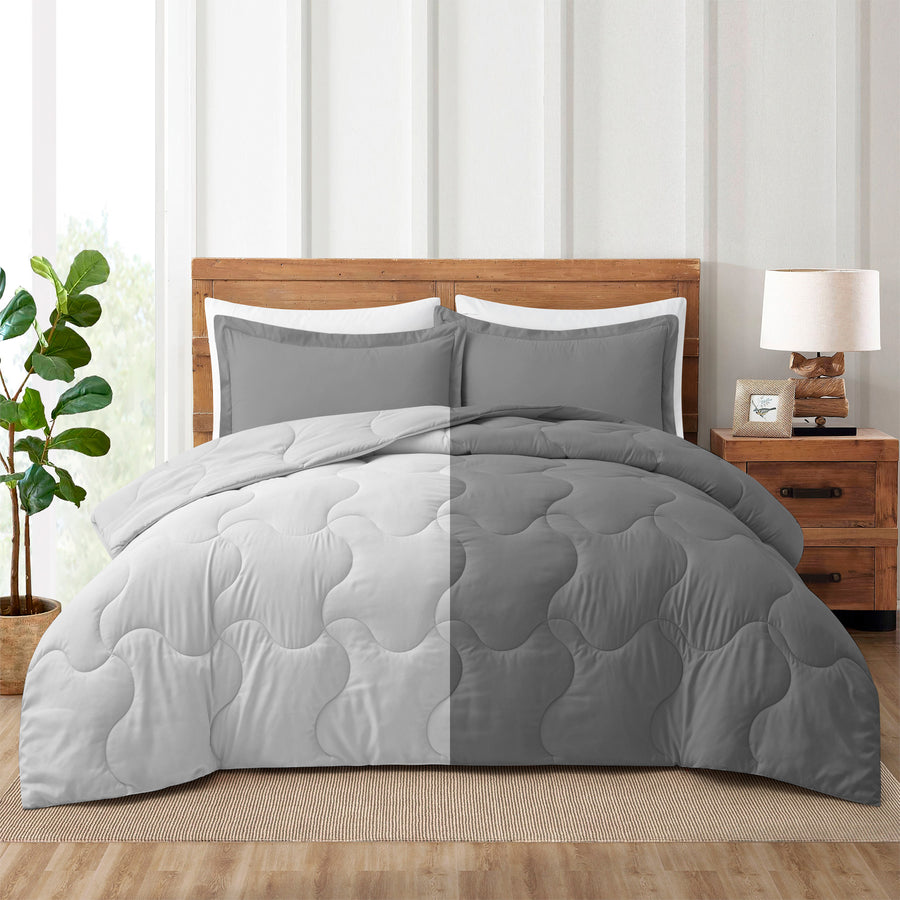 Lightweight Reversible Microfiber Down Alternative Comforter Set, Dark GrayandLight Gray, Twin Image 1