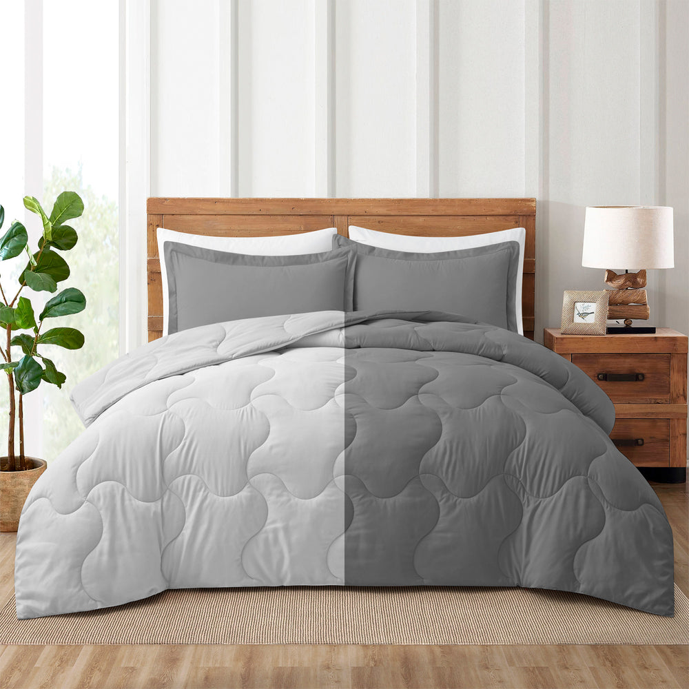 Lightweight Reversible Microfiber Down Alternative Comforter Set, Dark GrayandLight Gray, Full Queen Image 2